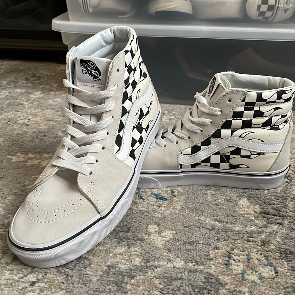 Vans 9 Black and White High Tops with Checkered Flames